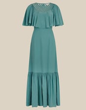 Monsoon x Queens of Archive Sophia Lattice Cape Sleeve Maxi Dress, Blue (BLUE), large