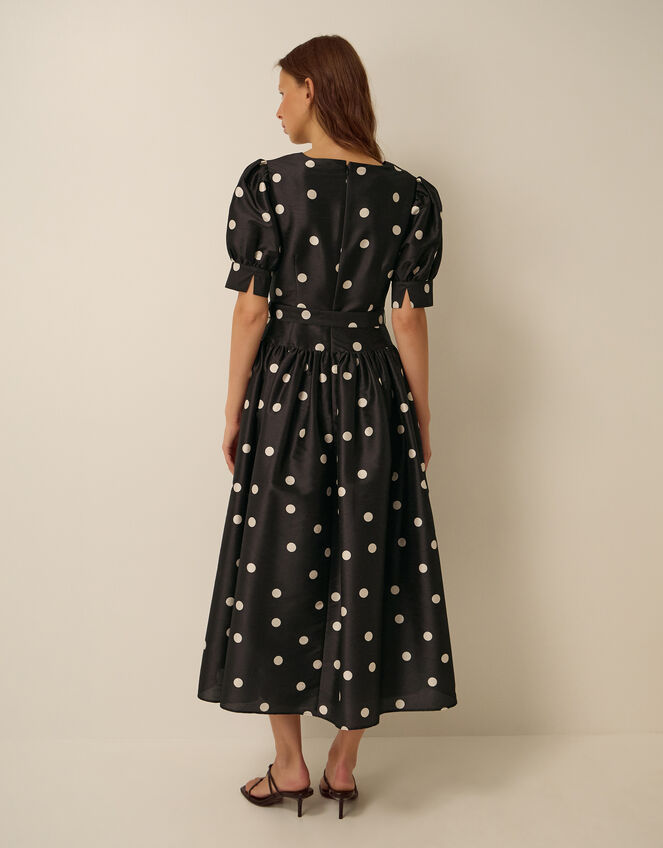 Amara Polka Dot Belted Midi Dress, Black (BLACK), large