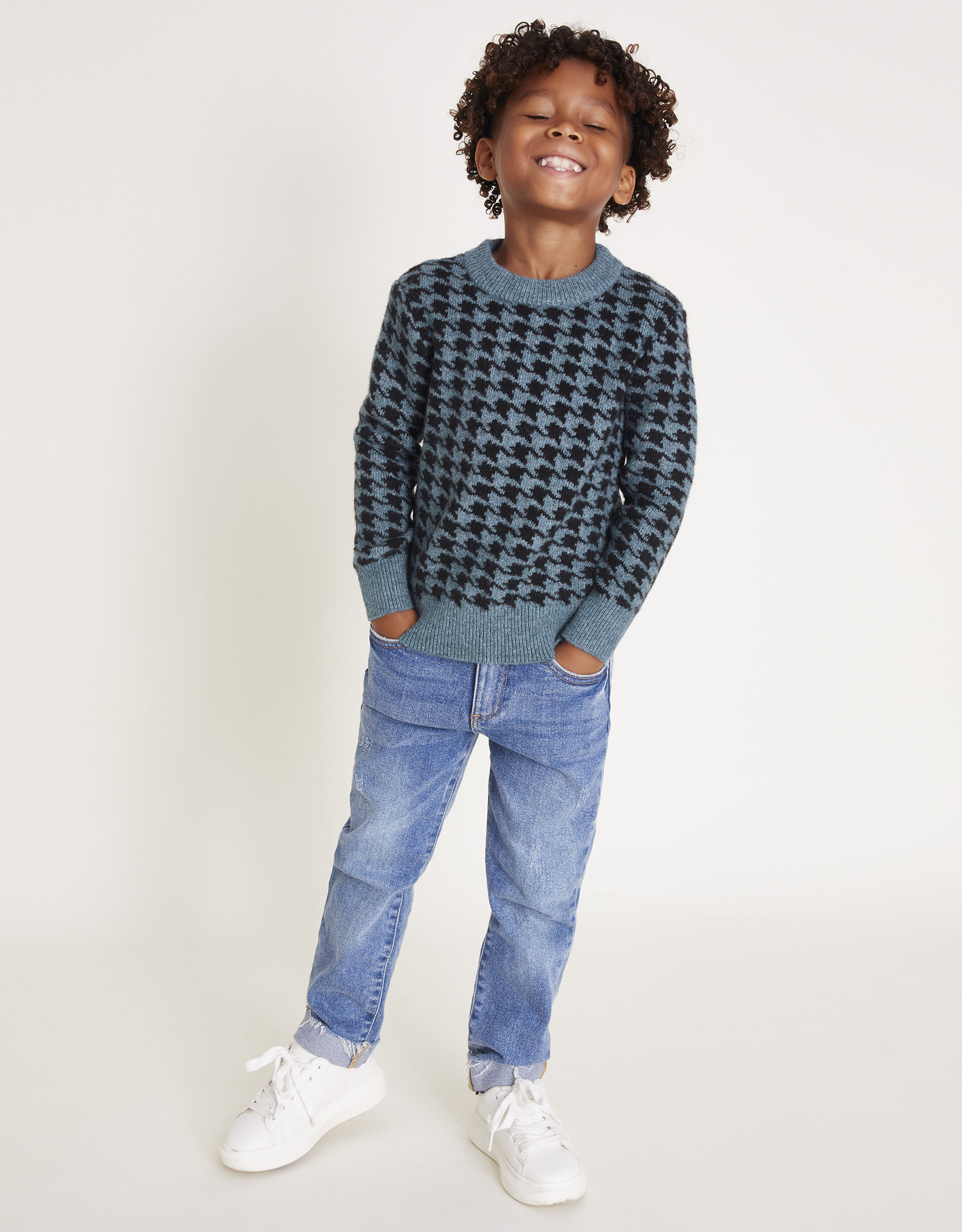 Houndstooth Crew Neck Jumper Blue