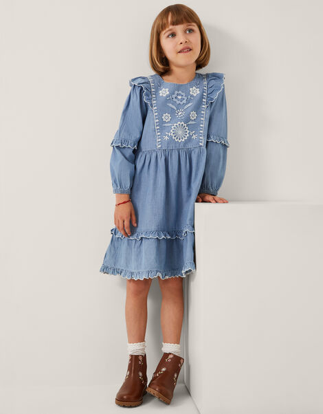 Embroidered Chambray Frill Dress, Blue (BLUE), large