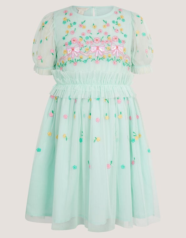 Puff Sleeve Floral Mesh Dress, Blue (BLUE), large