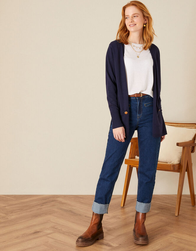 Plain Midi Cardigan with Button Detail Pockets, Blue (NAVY), large