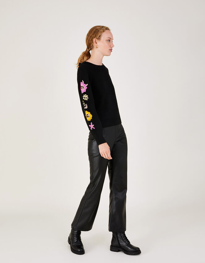 Embroidered Flower Sleeve Jumper with Recycled Polyester, Black (BLACK), large