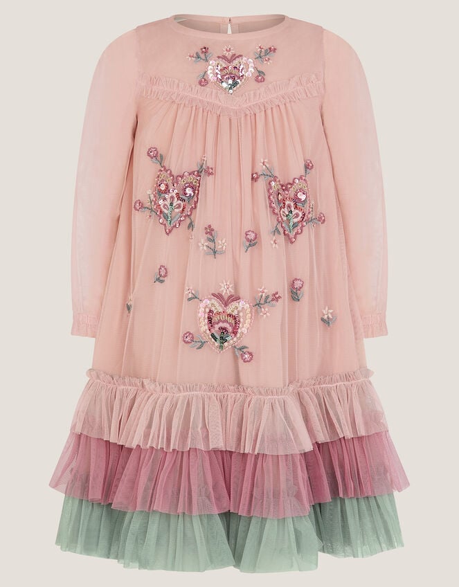 Embellished Heart Long Sleeve Dress, Pink (PINK), large