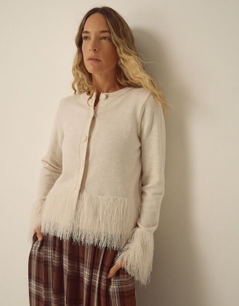 Fina Fringe Crew Neck Cardigan, Ivory (IVORY), large