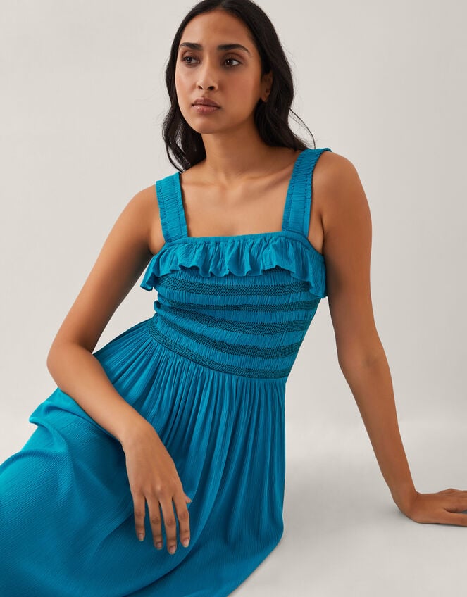Salma Smocked Sleeveless Midi Dress, Blue (TURQUOISE), large