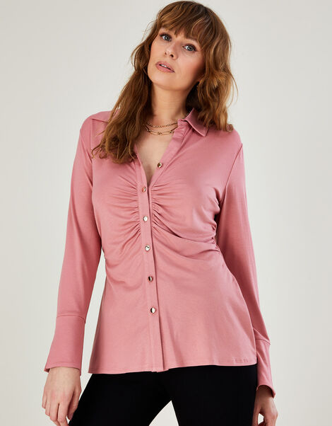 Button Through Plain Jersey Shirt, Pink (PINK), large