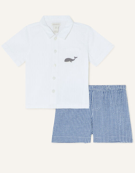Newborn William Whale Shirt and Gingham Shorts Blue, Blue (BLUE), large