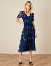 Ana Animal Embroidered Midi Dress, Blue (NAVY), large