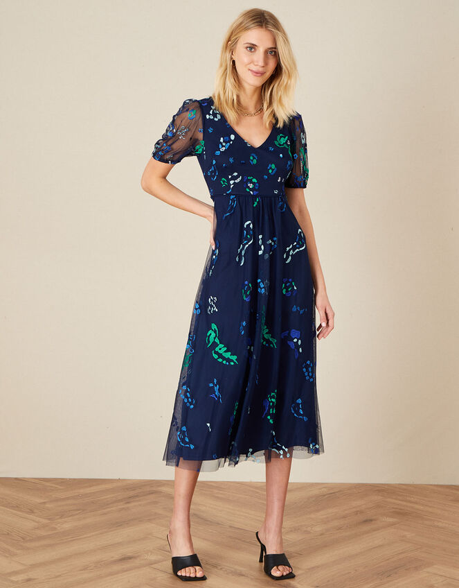 Ana Animal Embroidered Midi Dress, Blue (NAVY), large
