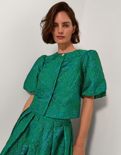 Jolene Jacquard Puff Sleeve Jacket, Green (GREEN), large