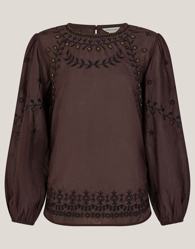 Isabelle Floral Embellished Top, Brown (CHOCOLATE), large