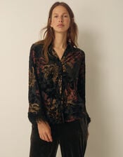 Dora Faux Feather Floral Devor&eacute; Shirt, Black (BLACK), large