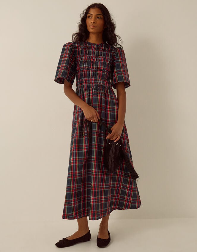 Dottie Short Sleeve Smocked Tartan Midi Dress, Red (RED), large