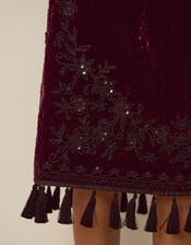 Mila Embellished Velvet Knee Length Skirt, Red (BURGUNDY), large