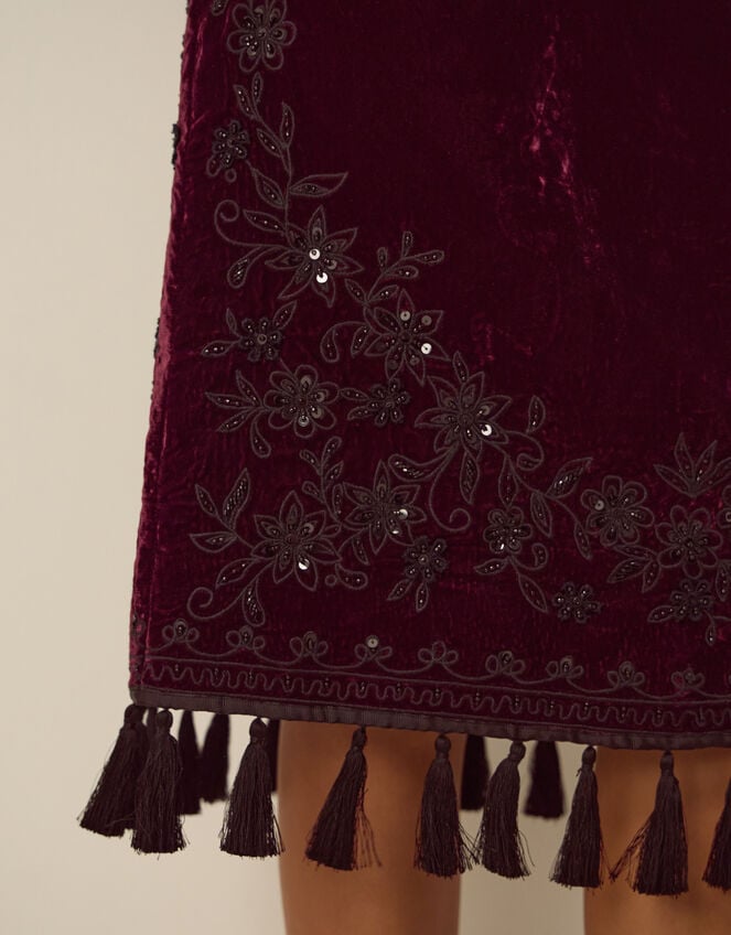 Mila Embellished Velvet Knee Length Skirt, Red (BURGUNDY), large