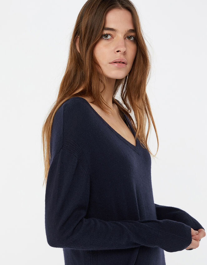 Lexi V Neck Longline Dress in Wool Blend, Blue (NAVY), large