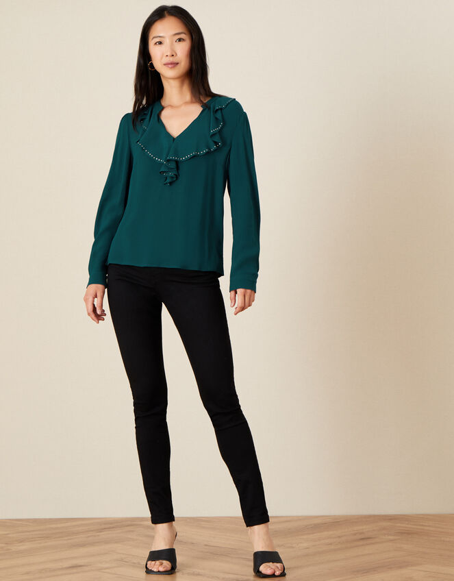 Studded Frill Neck Blouse, Teal (TEAL), large