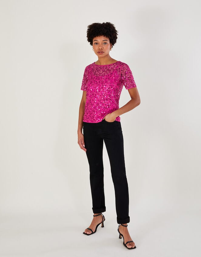 Zoey Sequin T-Shirt in Recycled Polyester, Pink (PINK), large