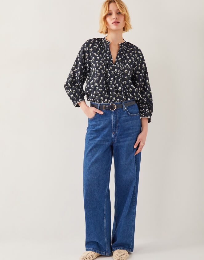 Orielle Pintuck Floral Blouse, Black (BLACK), large