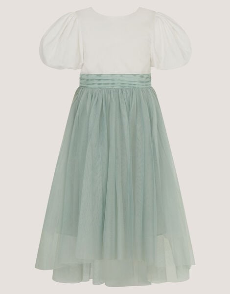 Puff Sleeve Satin Tulle Dress, Green (SAGE), large