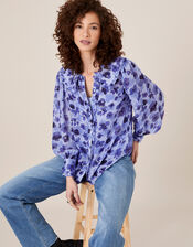 Pompea Poppy Print Frill Blouse, Blue (BLUE), large