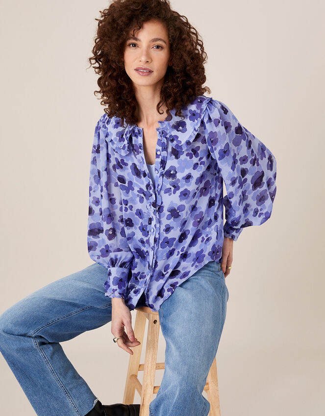 Pompea Poppy Print Frill Blouse, Blue (BLUE), large