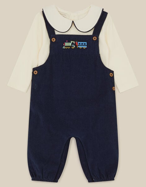 Newborn Train Embroidered Top & Corduroy Dungarees Set , Blue (NAVY), large