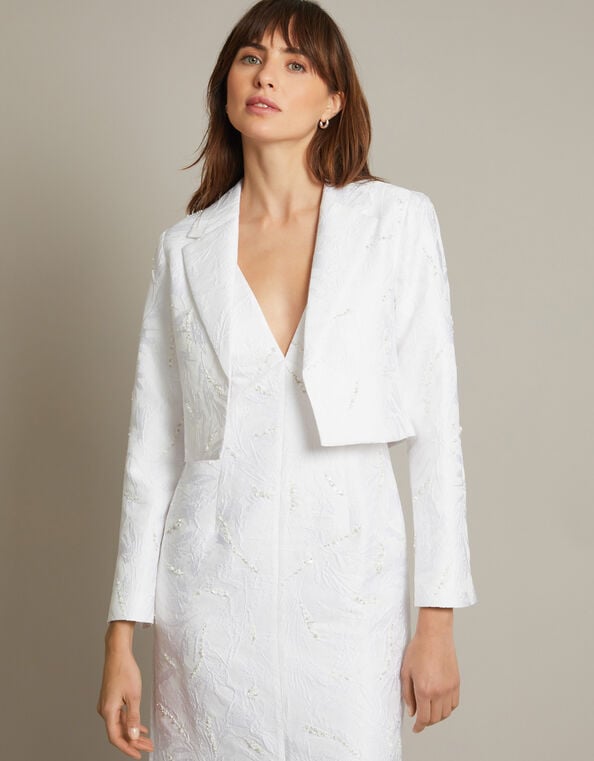 Faye Hand-Beaded Jacquard Cropped Bridal Jacket, Ivory (IVORY), large