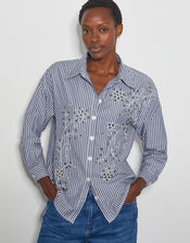 Sherry Embroidered Stripe Shirt, Blue (NAVY), large