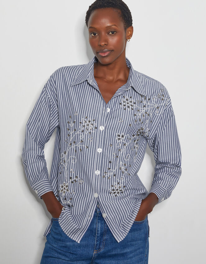 Sherry Embroidered Stripe Shirt, Blue (NAVY), large