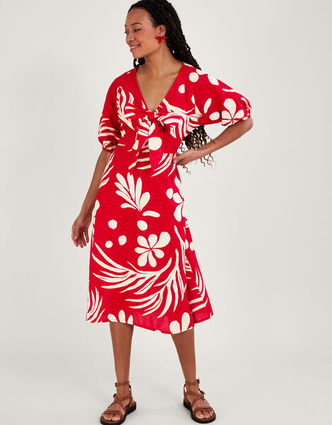 Abstract Palm Print Tie Front Midi Dress, Red (RED), large