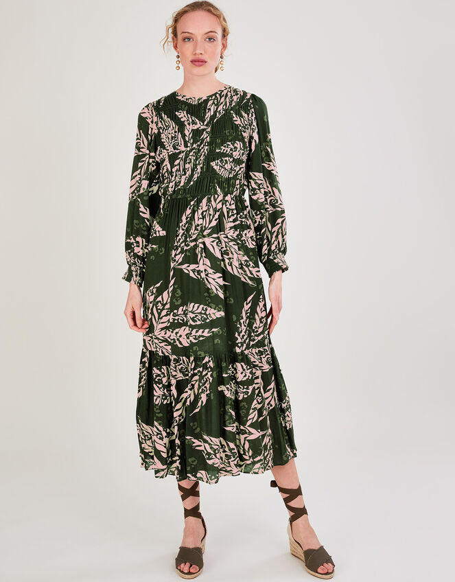 Leilani Shirred Print Midi Dress, Green (KHAKI), large