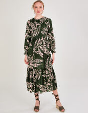 Leilani Shirred Print Midi Dress, Green (KHAKI), large
