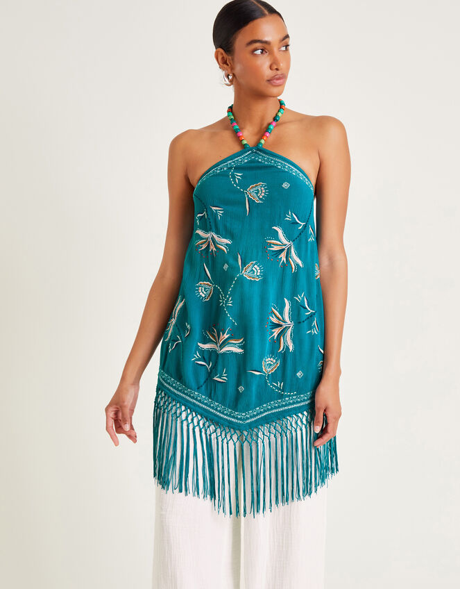 Liza Embellished Tassel Halter Top, Teal (TEAL), large