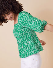Rose Print Balloon Sleeve Top in Organic Cotton, Green (GREEN), large