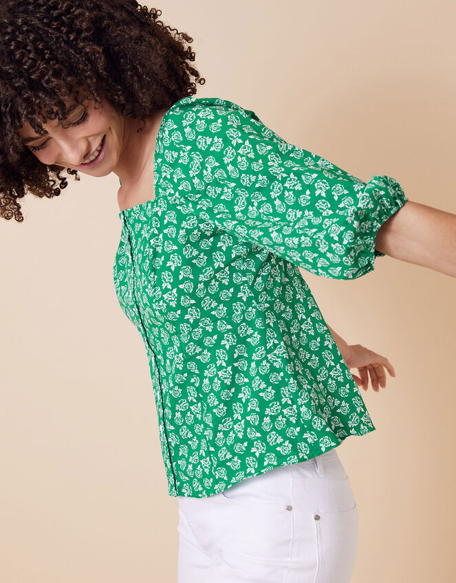 Rose Print Balloon Sleeve Top in Organic Cotton, Green (GREEN), large