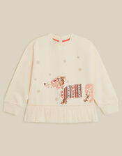 Sequin Sausage Dog Christmas Sweatshirt, Cream (CREAM), large