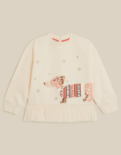 Sequin Sausage Dog Christmas Sweatshirt, Cream (CREAM), large