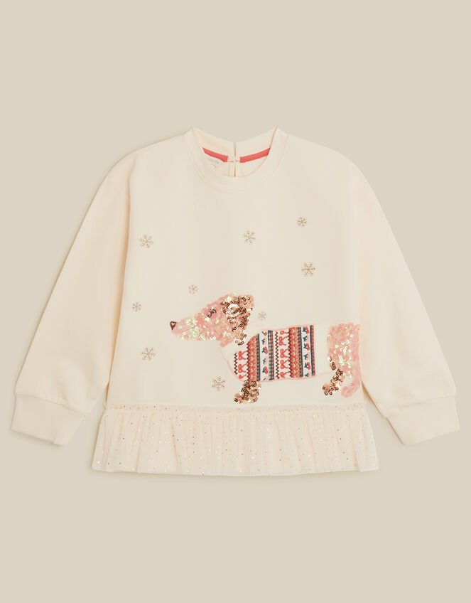 Sequin Sausage Dog Christmas Sweatshirt, Cream (CREAM), large