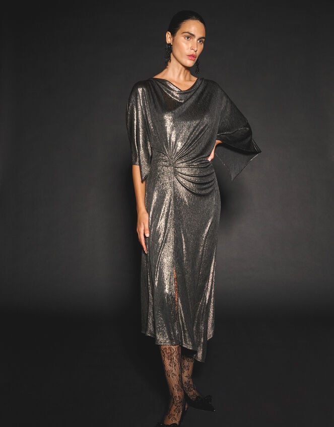 Mila Drape Metallic Jersey Midi Dress, Gold (GOLD), large