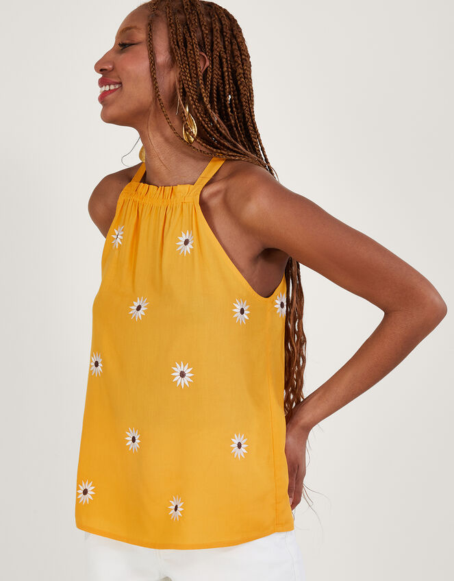 Sunflower Halter Embroidered Cami Top in LENZING™ ECOVERO™ , Yellow (YELLOW), large