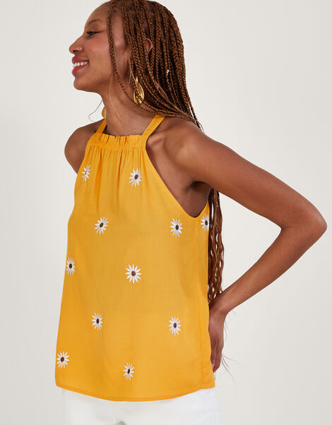 Sunflower Halter Embroidered Cami Top in LENZING™ ECOVERO™  Yellow, Yellow (YELLOW), large