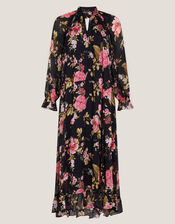 Mariel Floral Print Trapeze Midi Dress, Black (BLACK), large