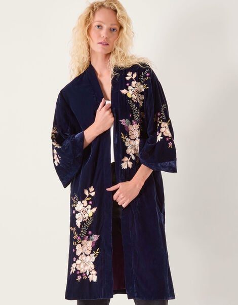 Fallon Embroidered Velvet Kimono , Blue (NAVY), large