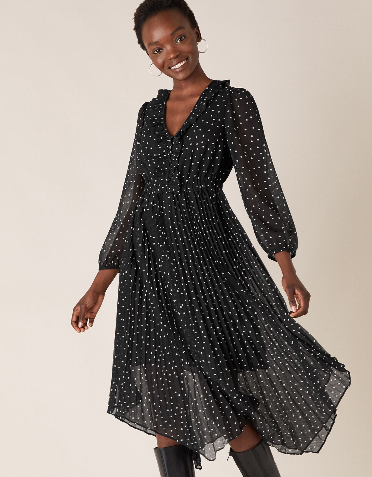 Spot Print Pleated Hanky Hem Dress Black
