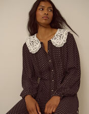 Shae Lace Collar Polka Dot Midi Dress, Brown (CHOCOLATE), large