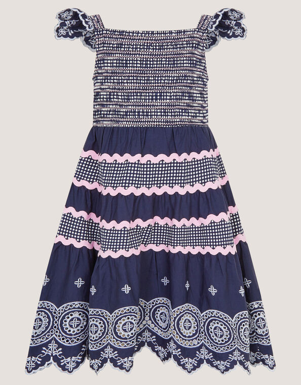 Broderie Smocked Jersey Dress, Blue (NAVY), large