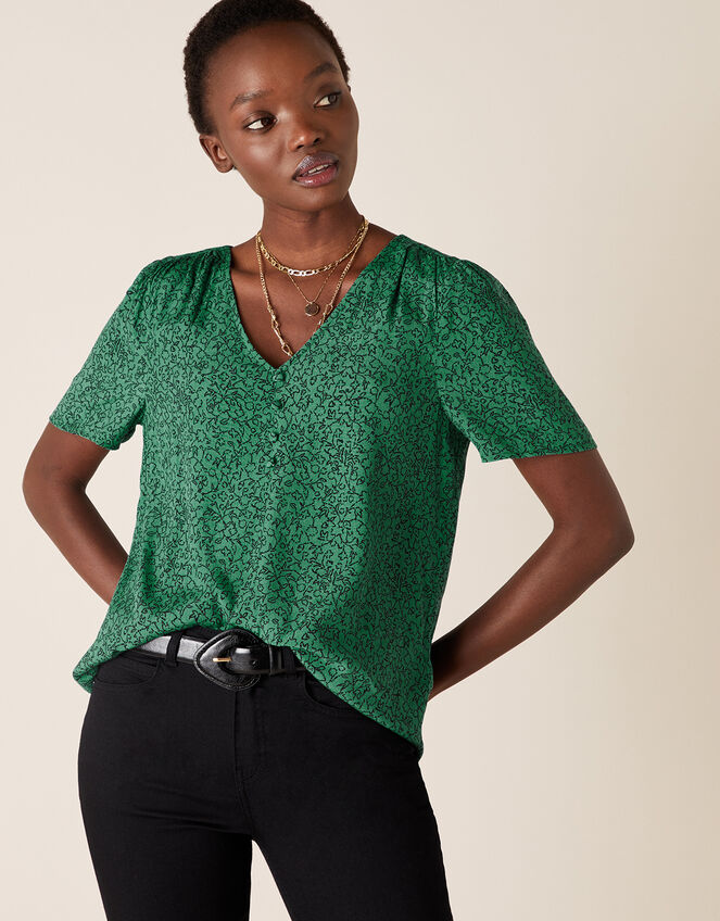 Printed V-Neck Top with LENZING™ ECOVERO™, Green (GREEN), large