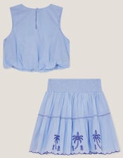 Palm Tree Embroidered Top and Skirt Set, Blue (BLUE), large